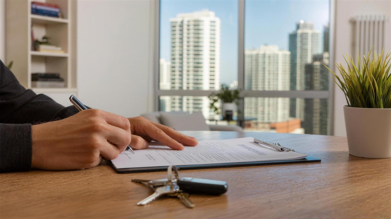 Tenant reviewing a lease agreement and paperwork at a table in a bright Toronto apartment