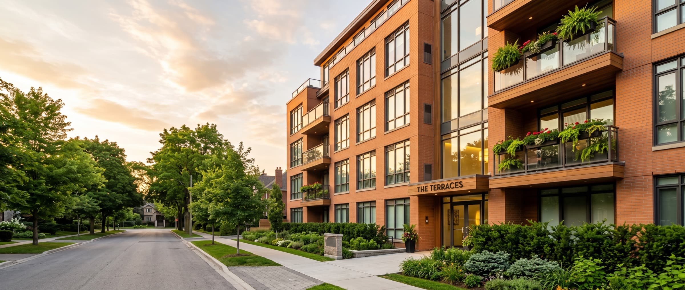 Modern low-rise apartment building with planted balconies on a tree-lined street at golden hour